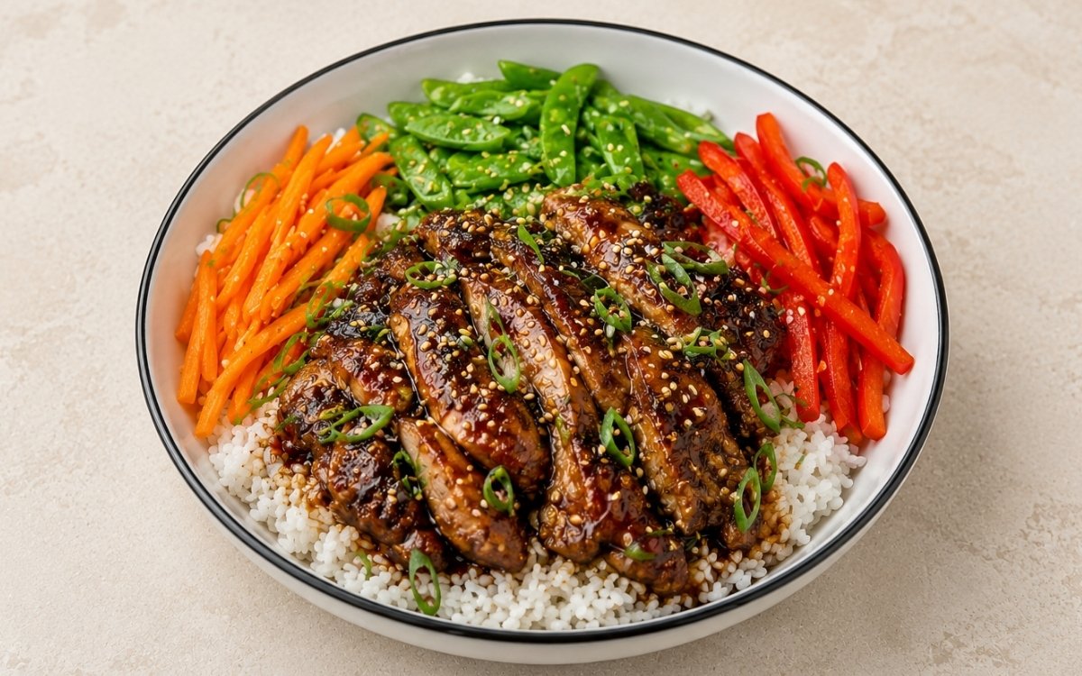 Teriyaki chicken rice bowl with glazed dark caramelized chicken thigh pieces over jasmine rice, julienned carrots, snow peas, red bell pepper, scallions and sesame seeds in a white ceramic bowl with black rim