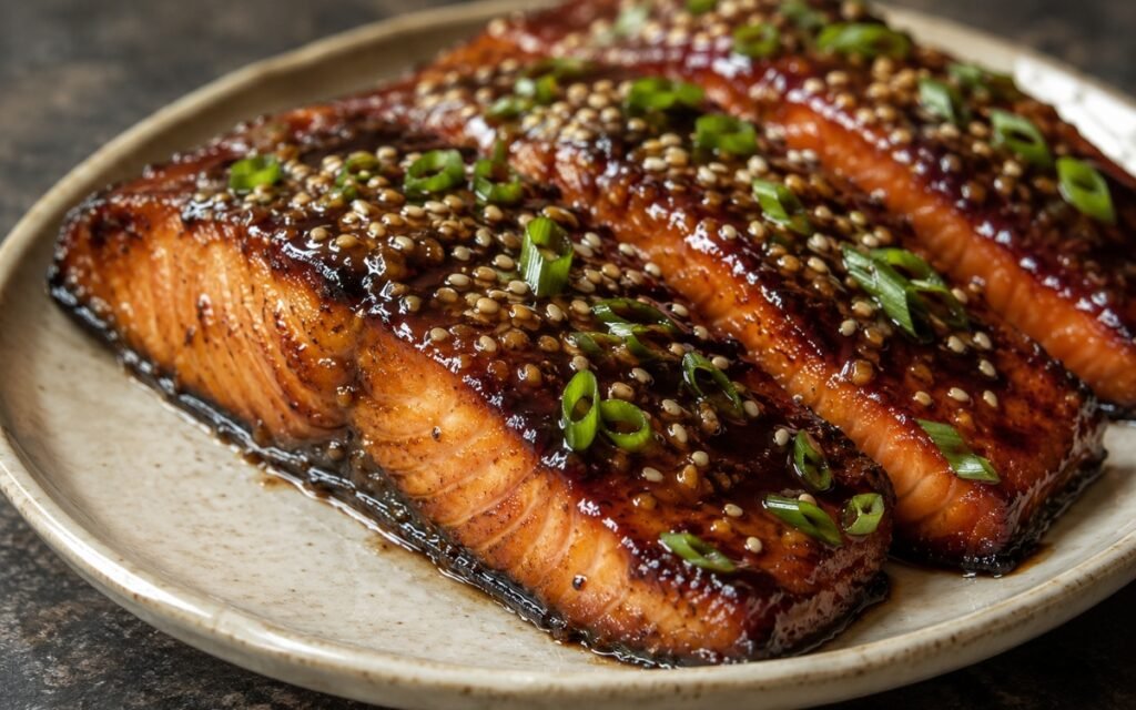 Teriyaki glazed salmon with a dark sticky glaze garnished with sesame seeds and scallions