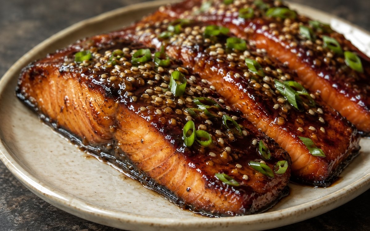 Teriyaki glazed salmon with a dark sticky glaze garnished with sesame seeds and scallions
