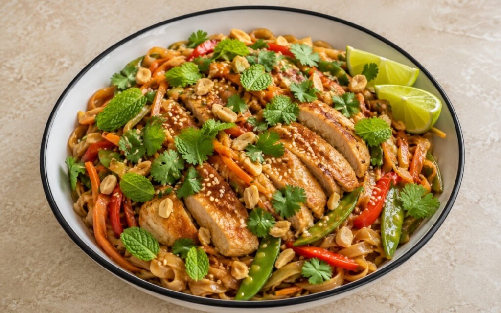 Thai peanut chicken noodle bowl with rice noodles in glossy peanut sauce, seared chicken, red bell pepper, snap peas, shredded carrots, crushed peanuts, cilantro and mint in a white ceramic bowl with black rim