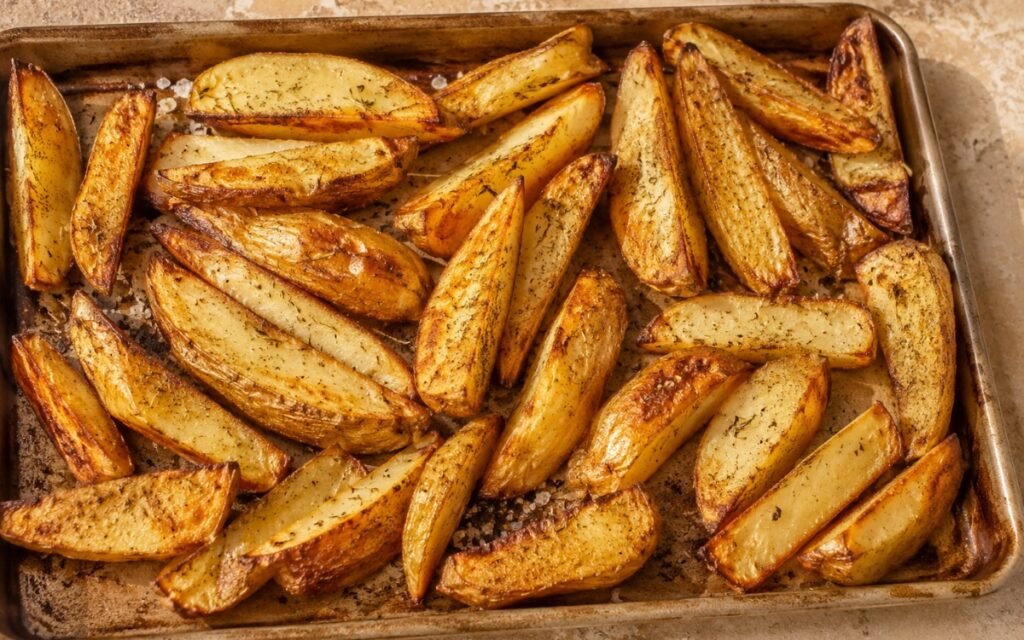Thick-cut steak fries golden and crispy on a baking sheet