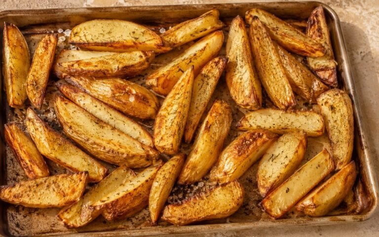 Thick-cut steak fries golden and crispy on a baking sheet