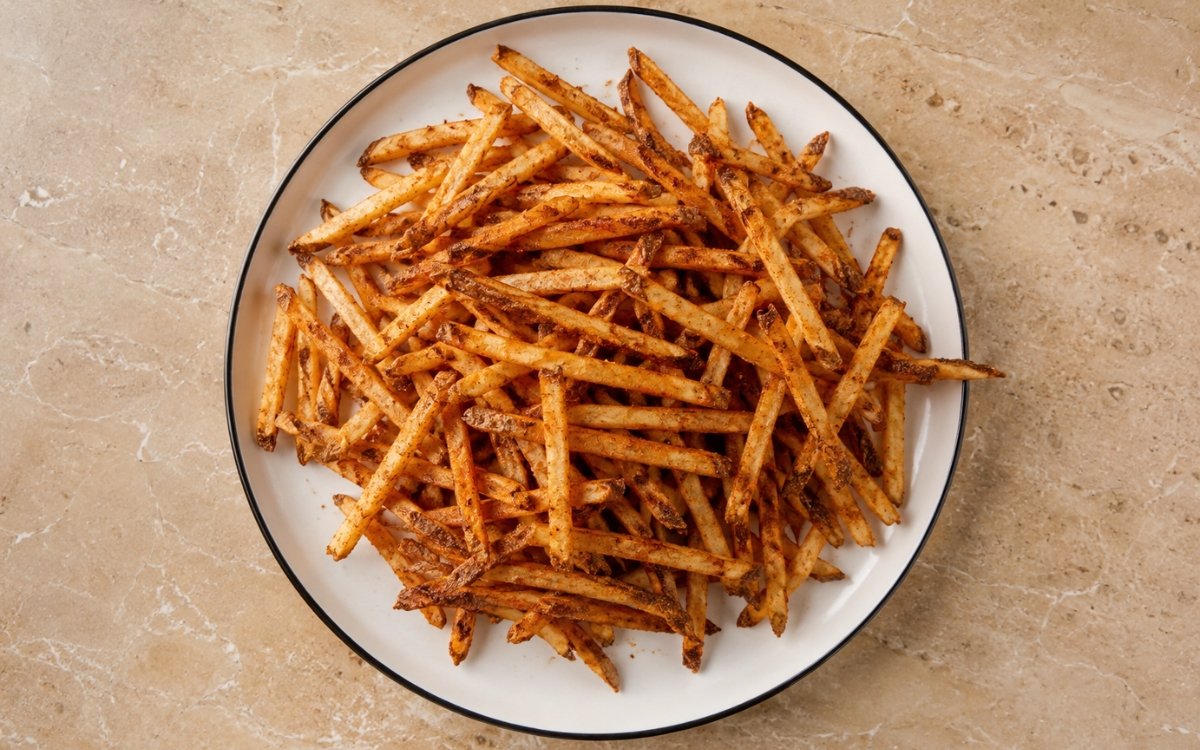 Thin and crispy baked potato fries golden and seasoned on ceramic plate