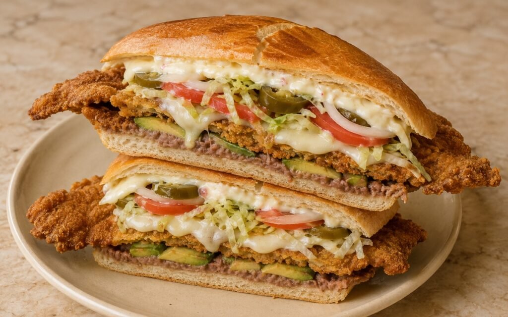 Torta de milanesa sandwich showing a crispy breaded beef cutlet extending beyond a toasted telera roll, layered with melted cheese, avocado, lettuce, tomato, and crema on marble surface