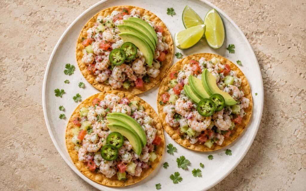 Three shrimp ceviche tostadas topped with diced tomato and cucumber, fanned avocado slices, and thin jalapeño rounds on marble surface