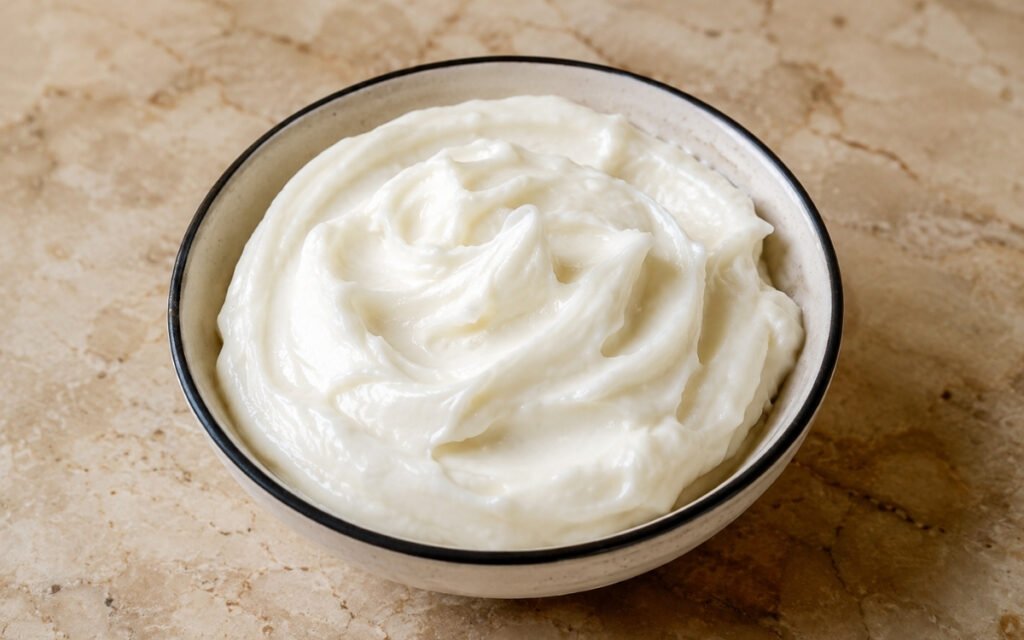 Toum Lebanese garlic sauce in a small white bowl showing the thick, white, glossy, airy whipped texture of a fully emulsified batch with a swirl in the centre on marble surface