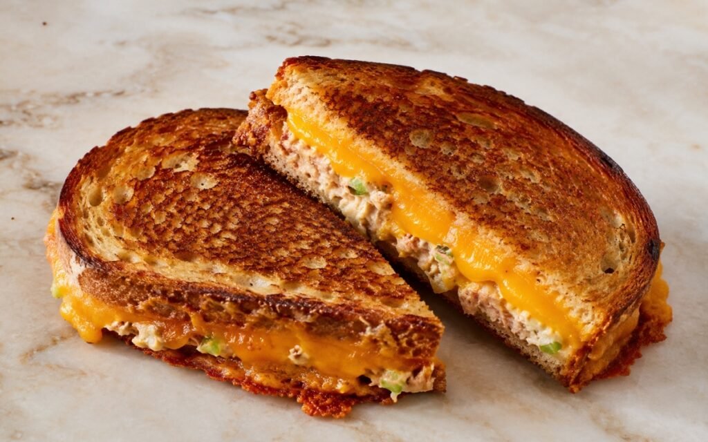 Tuna melt sandwich cut diagonally showing creamy tuna salad, melted cheddar, and crisp golden sourdough in cross-section on marble surface