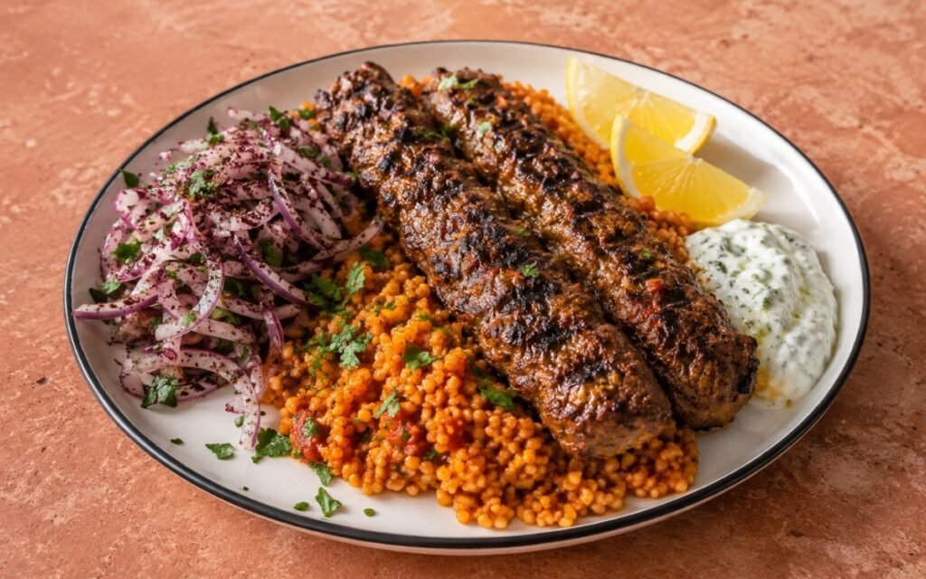 Turkish Adana kebab plate showing two deeply charred rectangular lamb skewers over Moroccan tomato couscous with sumac onions, a spoonful of tzatziki, fresh parsley, and lemon wedges on marble surface