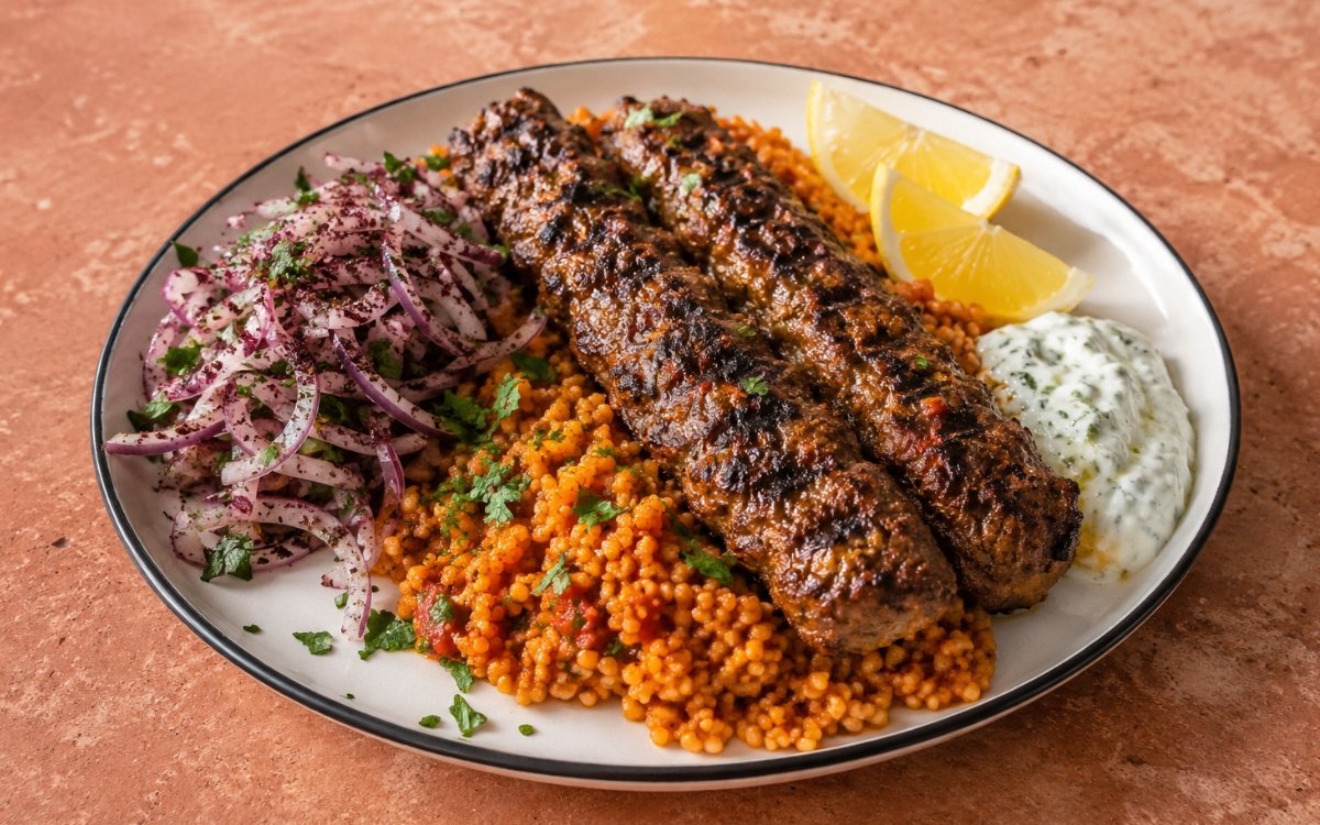Turkish Adana kebab plate showing two deeply charred rectangular lamb skewers over Moroccan tomato couscous with sumac onions, a spoonful of tzatziki, fresh parsley, and lemon wedges on marble surface