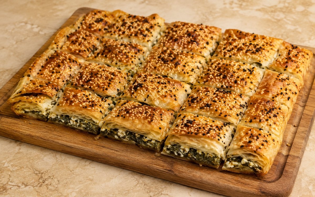 Turkish börek on a baking tray showing 16 deeply golden, sesame and nigella-topped squares with crisp top layers, one portion lifted to show the soft spinach and feta filling and layered interior on marble surface