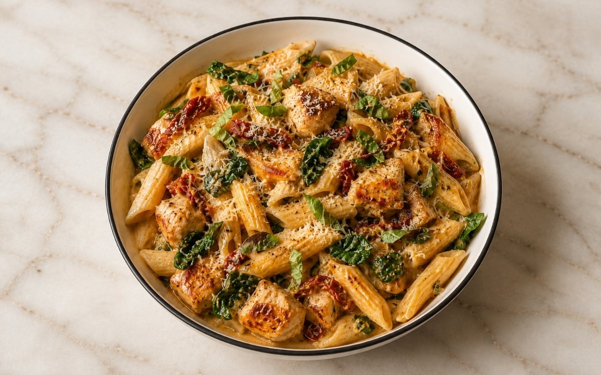 Tuscan chicken cream pasta with penne in pale golden-orange cream sauce, seared chicken thighs, sun-dried tomatoes, wilted spinach, torn basil and Parmigiano-Reggiano in a white ceramic bowl with black rim