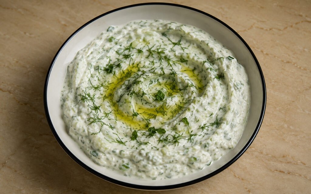 Tzatziki in a white shallow bowl with olive oil drizzle, fresh dill sprig, and cucumber slices on marble surface