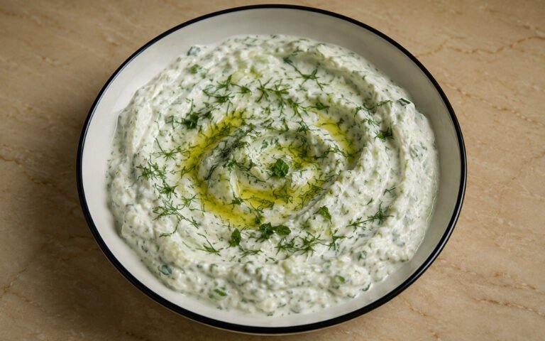 Tzatziki in a white shallow bowl with olive oil drizzle, fresh dill sprig, and cucumber slices on marble surface