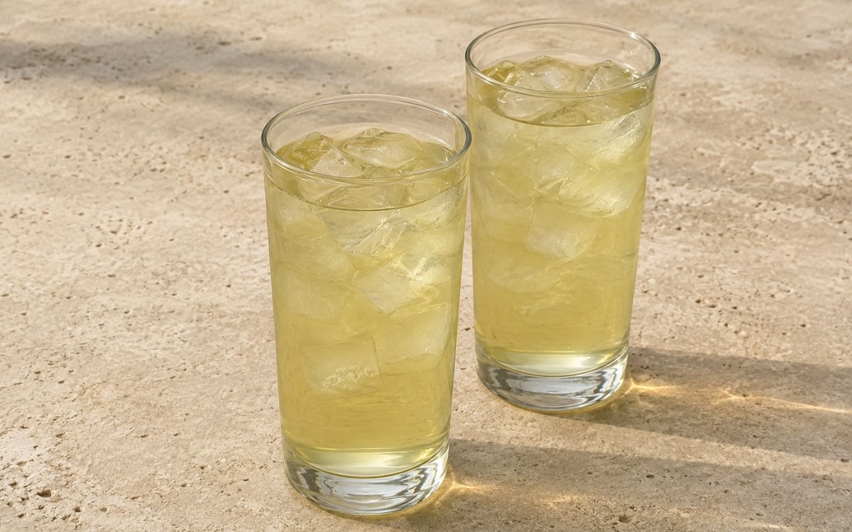 Unsweetened lime iced green tea in a tall glass showing pale clear-green still drink over ice with a thin lime slice on marble surface