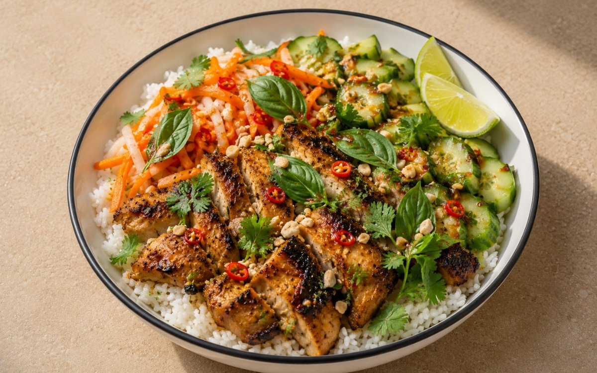 Vietnamese lemongrass chicken rice bowl with caramelized chicken over jasmine rice, pickled carrot and daikon, cucumber, fresh herbs, nuoc cham dressing and crushed peanuts in a white ceramic bowl with black rim
