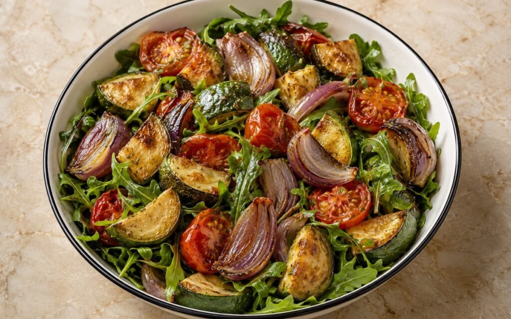 Warm roasted vegetable salad with colorful bell peppers, zucchini, and cherry tomatoes on a bed of fresh arugula