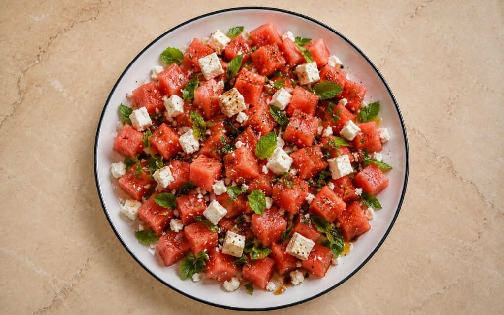 Watermelon feta salad in a large white bowl showing deep red watermelon cubes, crumbled white feta, fresh mint leaves, and balsamic drizzle on marble surface