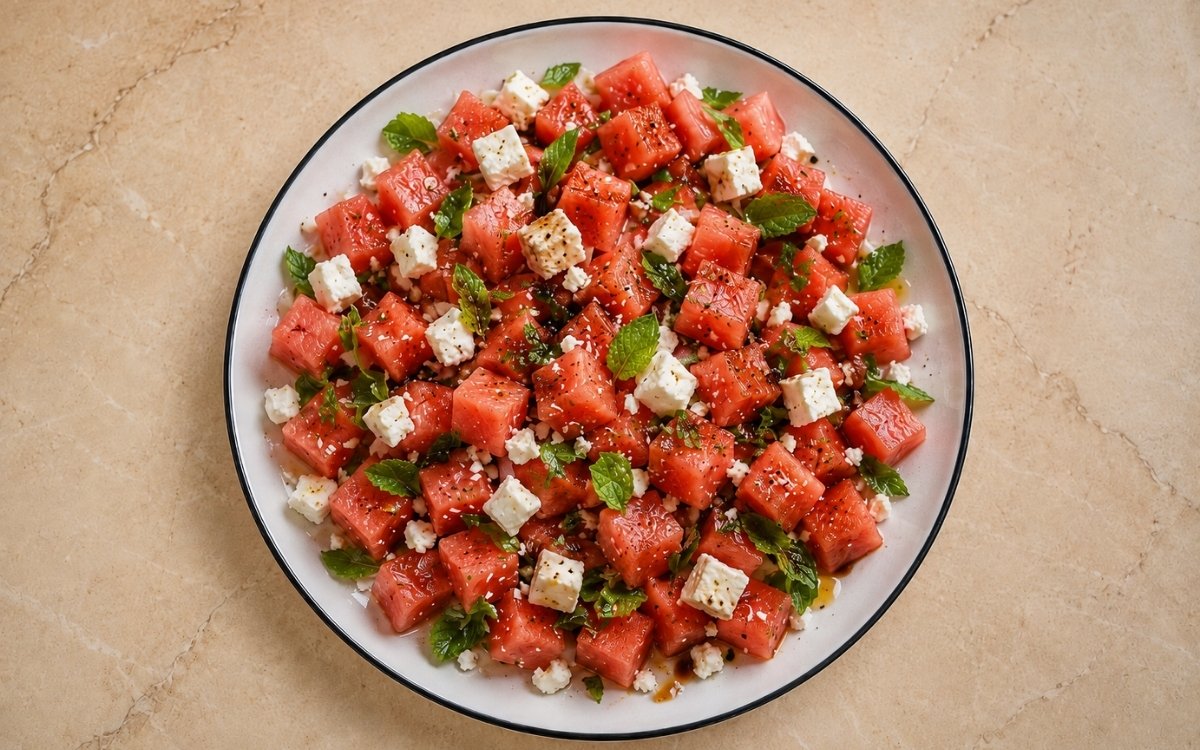 Watermelon feta salad in a large white bowl showing deep red watermelon cubes, crumbled white feta, fresh mint leaves, and balsamic drizzle on marble surface