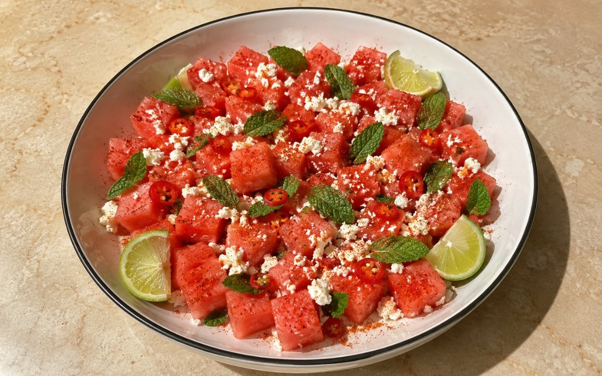 Watermelon Tajín salad on a wide shallow platter showing irregular pink watermelon chunks dusted with Tajín, crumbled cotija, thinly sliced fresno chili rounds, fresh mint leaves, and lime wedges on marble surface