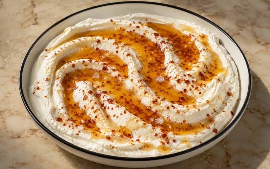 Whipped feta with spiced honey in a shallow wide bowl showing smooth swooped white feta with olive oil pooling in the ridges, red Aleppo pepper flakes, flaky sea salt, and a honey glaze on marble surface
