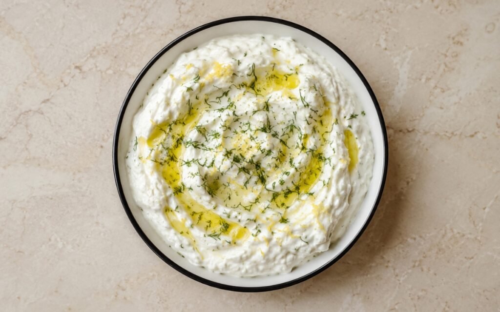 Bowl of fluffy white whipped feta sauce with olive oil drizzle and fresh dill