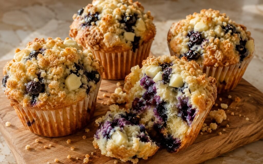 freshly baked blueberry muffins with white chocolate and crumb topping