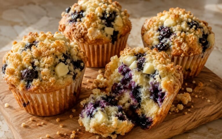 freshly baked blueberry muffins with white chocolate and crumb topping