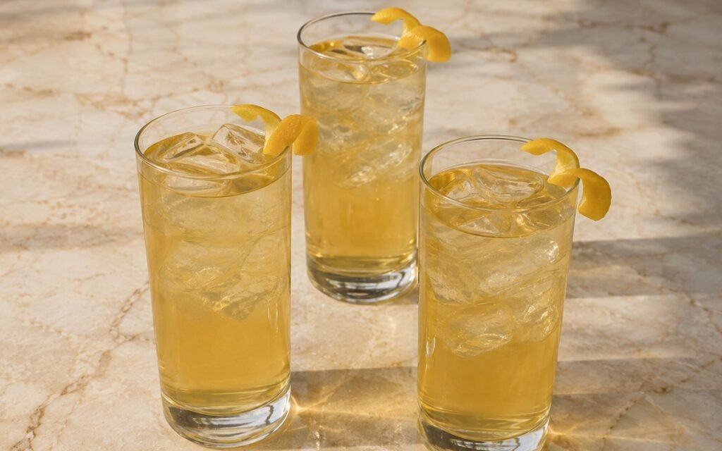 Yuzu green iced tea in a tall glass showing pale golden-green still drink over ice with a yuzu peel twist on marble surface