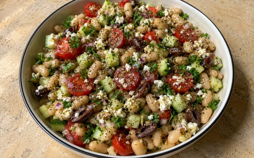 Za'atar white bean salad with tomatoes, cucumber, olives, and feta in bowl