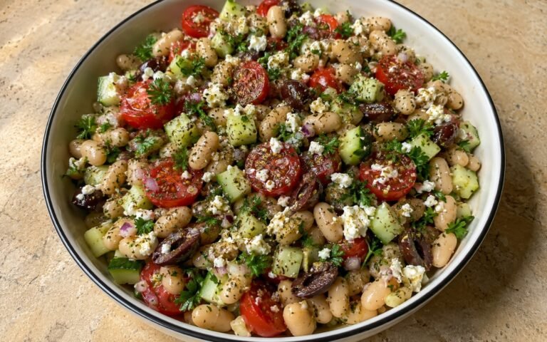 Za'atar white bean salad with tomatoes, cucumber, olives, and feta in bowl
