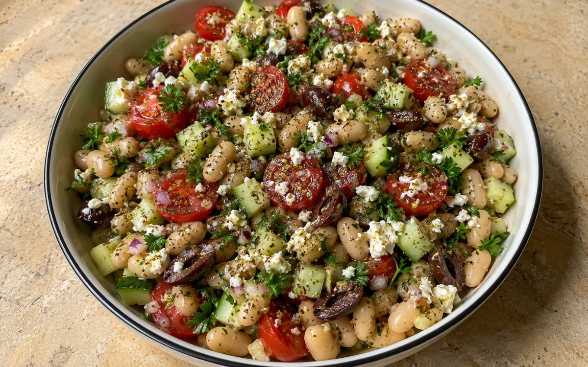 Za'atar white bean salad with tomatoes, cucumber, olives, and feta in bowl