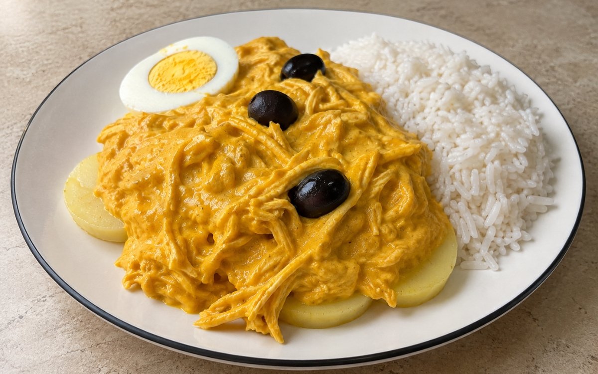 Ají de gallina showing shredded chicken in a rich golden-yellow ají amarillo cream sauce over sliced potatoes, served with rice, black olives, and hard-boiled egg, on marble surface
