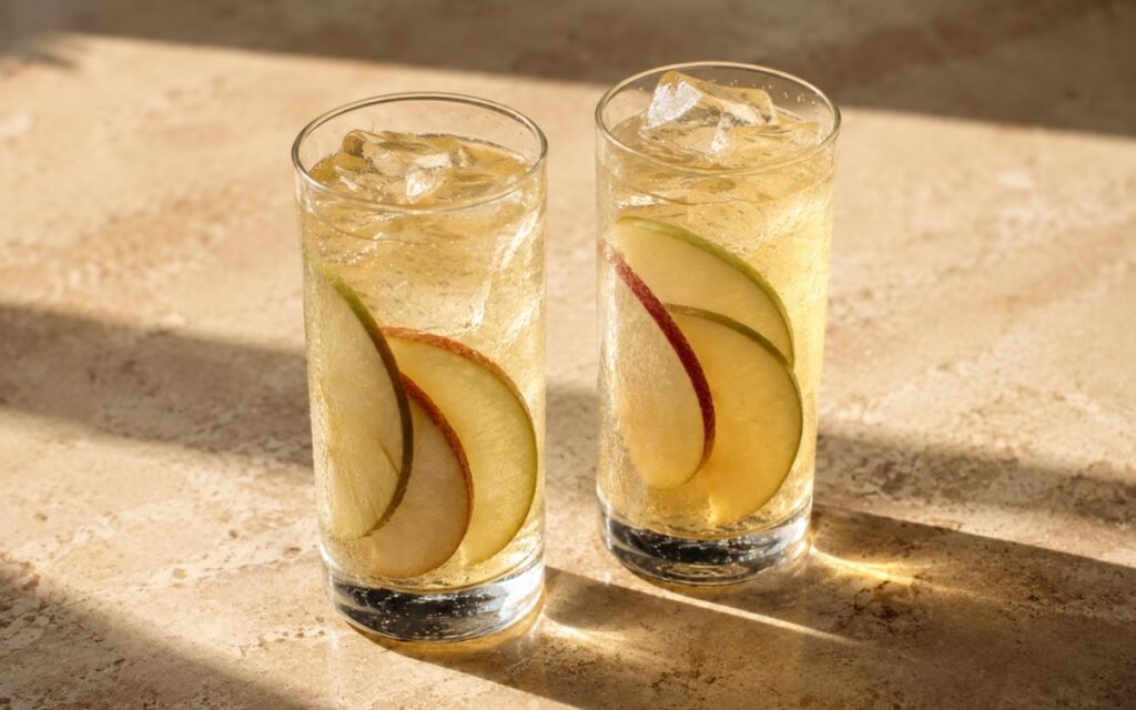 glasses of pale golden apple lemonade with thin apple slices floating in ice, on marble surface