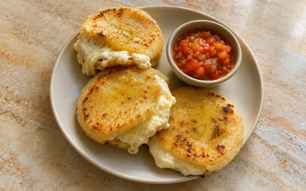 Golden Colombian arepas con queso split open showing molten stretchy cheese, served with a bowl of hogao on marble surface