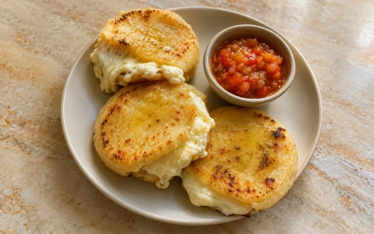 Golden Colombian arepas con queso split open showing molten stretchy cheese, served with a bowl of hogao on marble surface