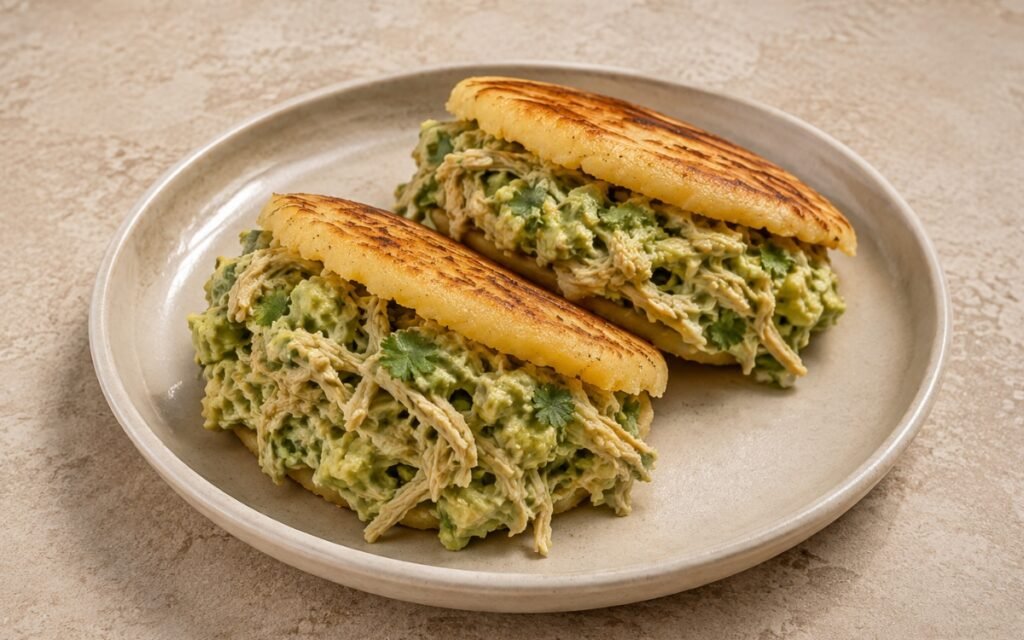 Arepas Reina Pepiada split open showing creamy shredded chicken and avocado filling spilling from a crisp golden arepa shell, on marble surface