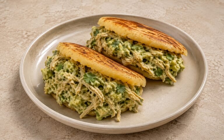 Arepas Reina Pepiada split open showing creamy shredded chicken and avocado filling spilling from a crisp golden arepa shell, on marble surface