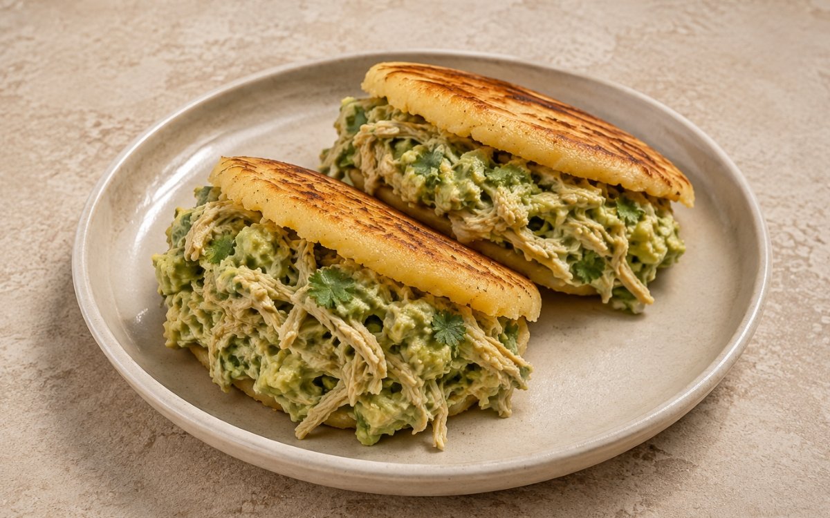 Arepas Reina Pepiada split open showing creamy shredded chicken and avocado filling spilling from a crisp golden arepa shell, on marble surface
