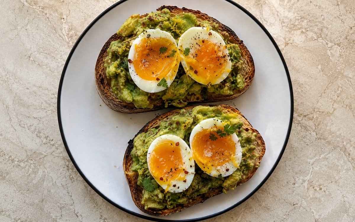 Avocado toast showing chunky smashed avocado and glossy jammy egg halves on toasted sourdough, finished with chili flakes and herbs, on marble surface