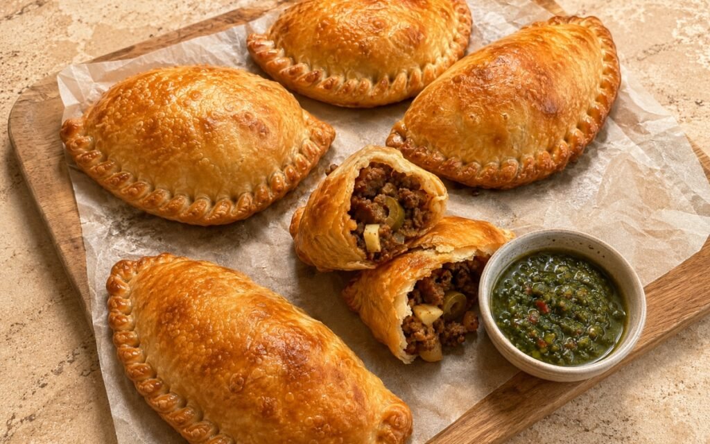 Golden baked beef empanadas with crimped edges and blistered pastry, served with chimichurri, on marble surface