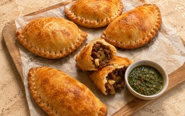 Golden baked beef empanadas with crimped edges and blistered pastry, served with chimichurri, on marble surface