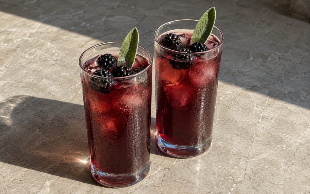 glasses of blackberry sage iced black tea with fresh whole blackberries and sage leaves, on marble surface