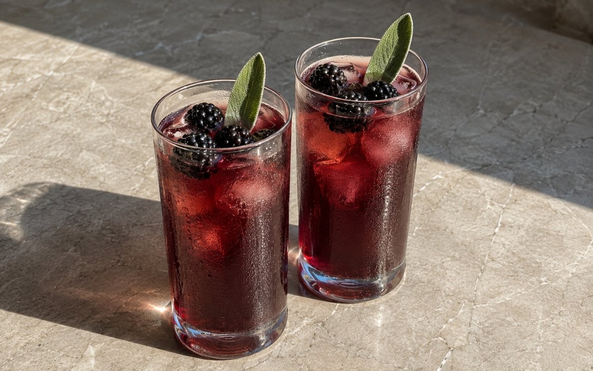 glasses of blackberry sage iced black tea with fresh whole blackberries and sage leaves, on marble surface