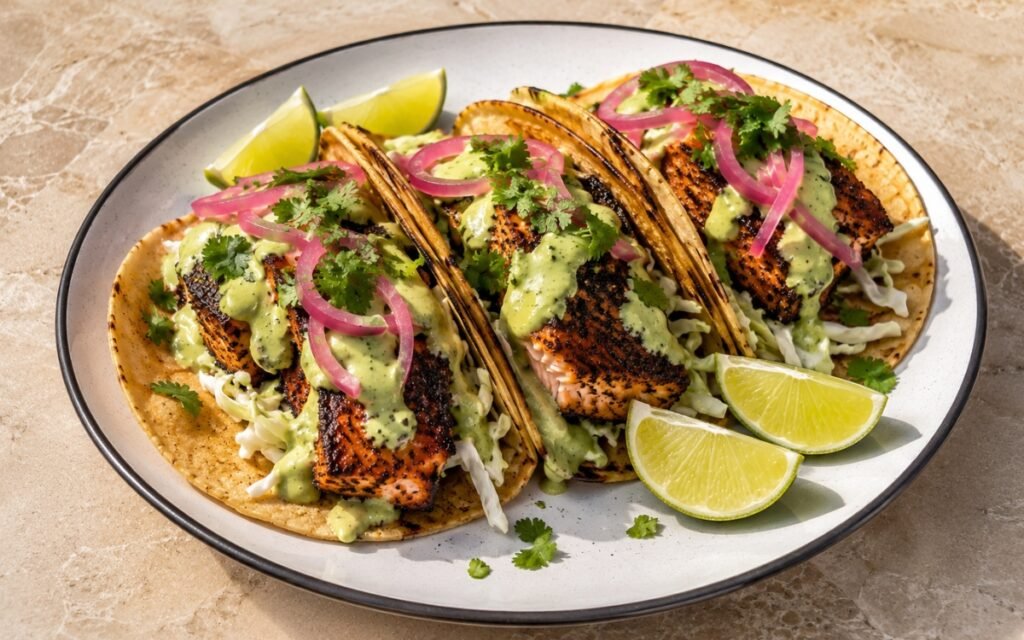 Blackened salmon tacos showing flaky spiced salmon, avocado crema, cabbage, and pickled red onion in corn tortillas, on marble surface