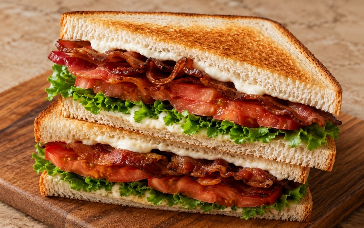 BLT sandwich halves stacked showing crispy bacon, thick tomato slices, crisp lettuce, and mayonnaise between golden toasted bread on marble surface