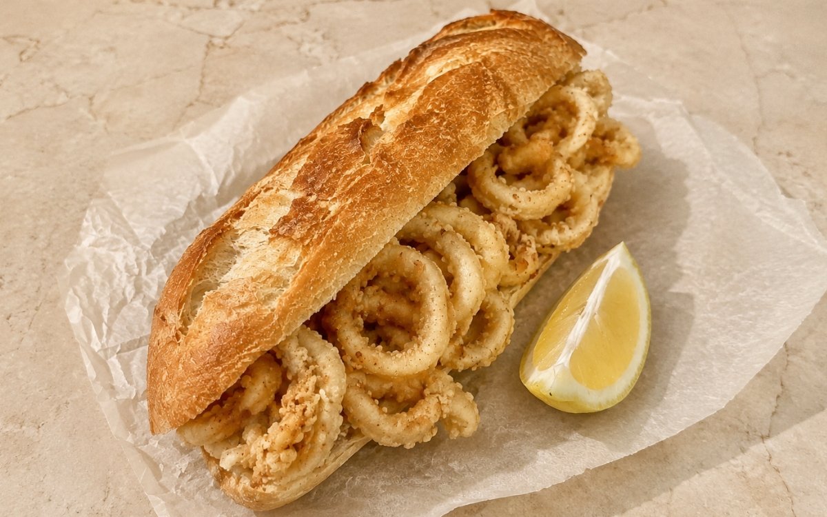 Bocadillo de calamares showing crisp golden fried calamari rings spilling from crusty baguette bread with lemon wedges on marble surface