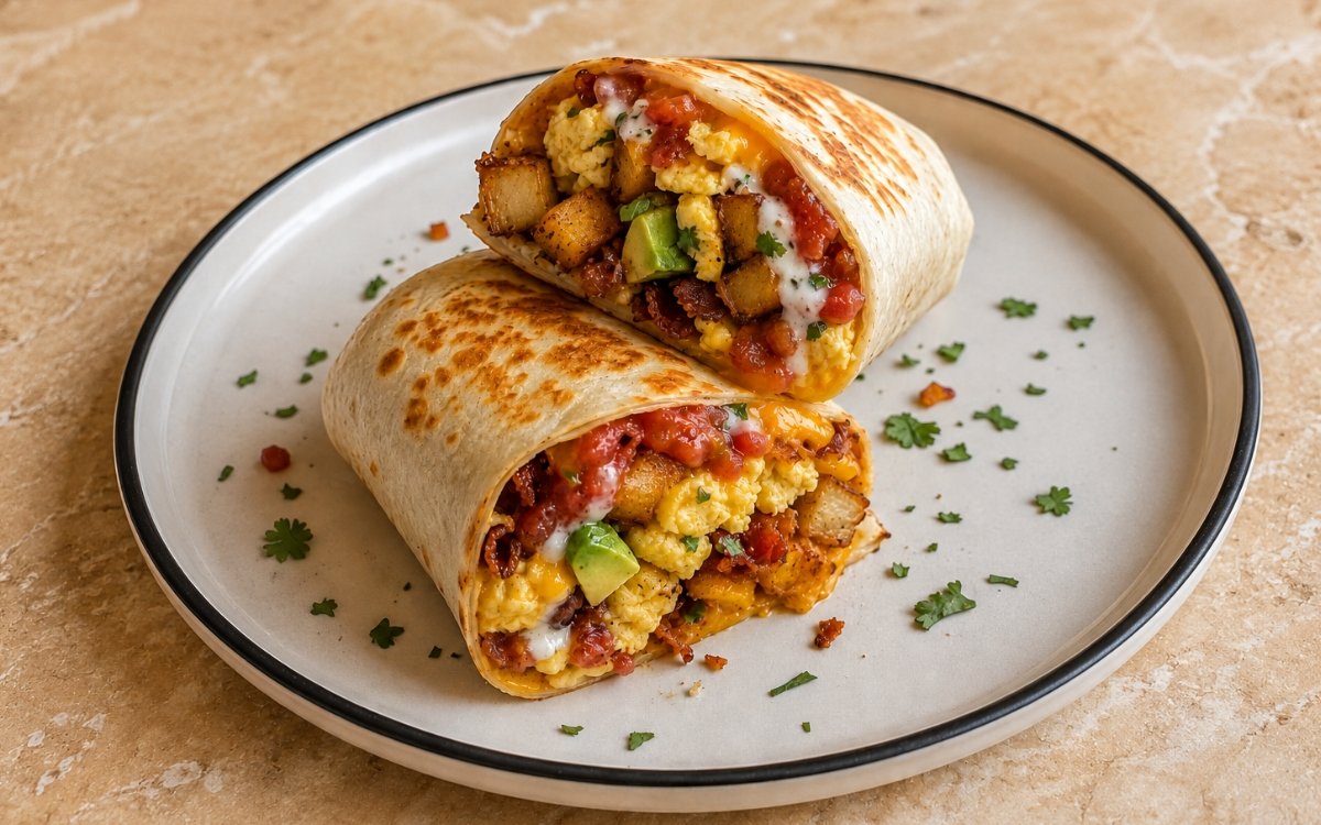 Breakfast burritos showing soft scrambled eggs, crispy potatoes, bacon, melted cheese, and avocado in a lightly toasted flour tortilla, on marble surface