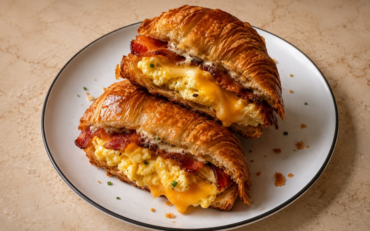 Breakfast croissant sandwich showing soft scrambled eggs, melted cheese, and crispy bacon inside a flaky toasted croissant, on marble surface