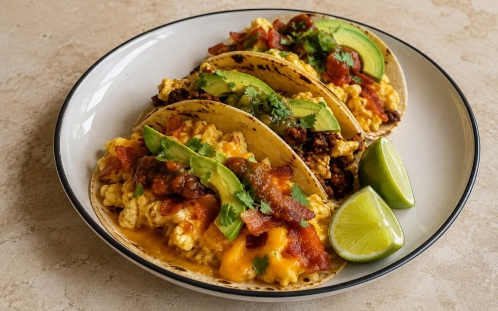 Breakfast tacos showing soft scrambled eggs, melted cheese, crispy bacon, and crumbly chorizo in warm corn tortillas with avocado and salsa, on marble surface
