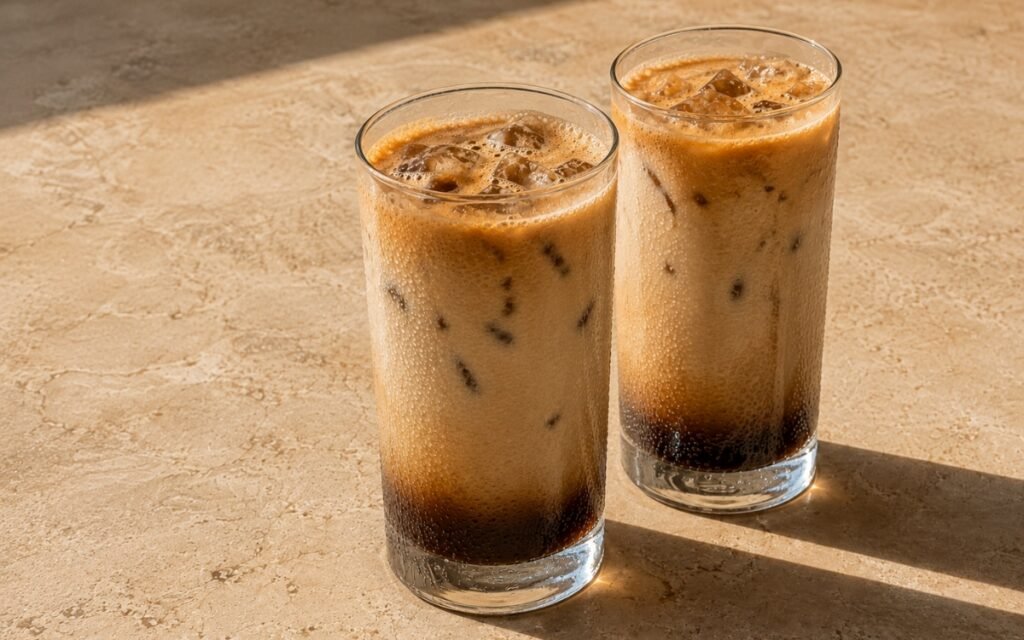 Brown sugar shaken espresso in a tall glass showing a layered gradient from dark syrup at the base to pale caramel oat milk at the top, on marble surface